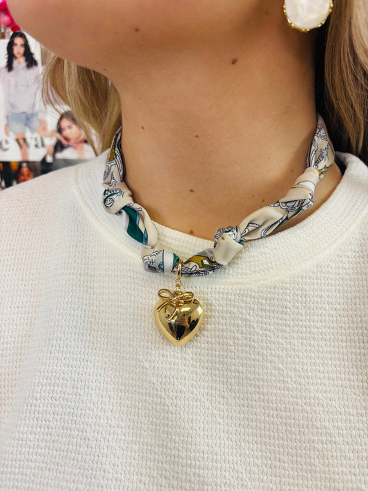 Beige/Turquoise Scarf Necklace W/Heart & Bow Charm - Jolie Femme Boutique
