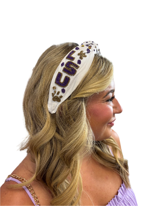 White LSU Beaded Headband - Jolie Femme Boutique