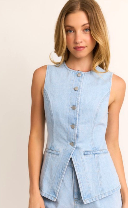 Button Front Sleeveless Denim Top