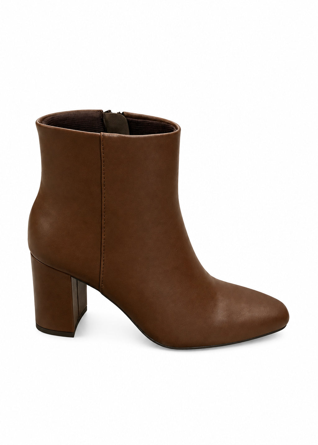 Brown Almond Toe Block Heel Booties