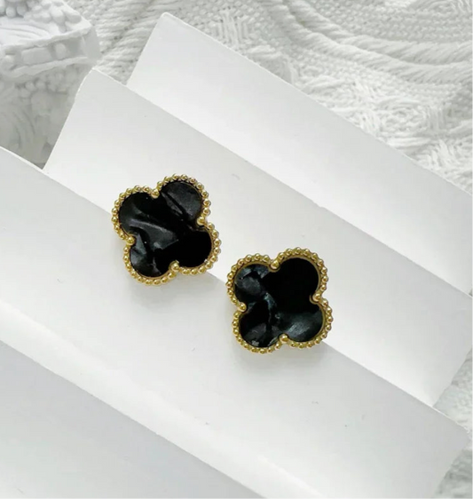 Gold  Black Clover Stud Earring
