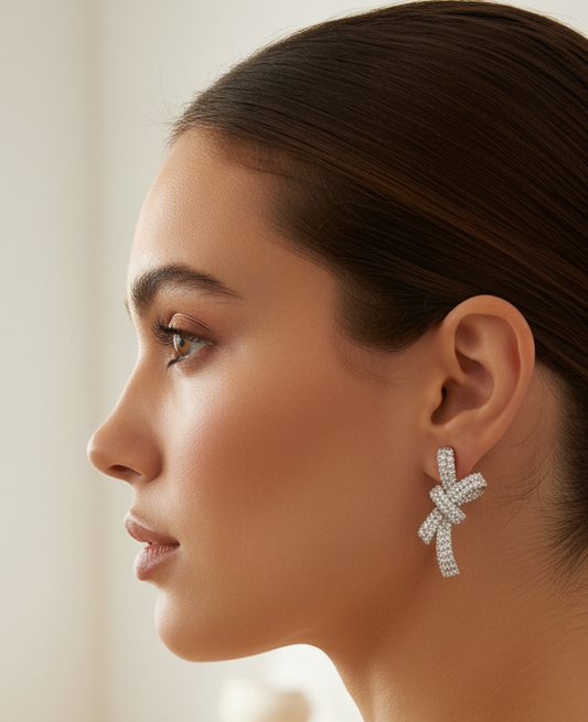 Silver Pave Rhinestone Bow Stud
