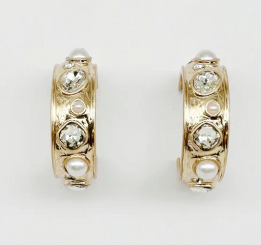 Gold Hoop with Clear Crystal & Pearl Earring - Jolie Femme Boutique
