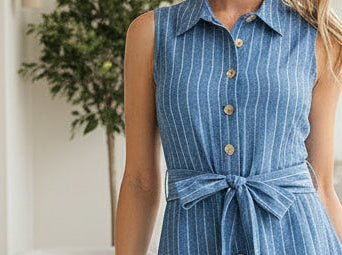 Blue Chambray Stripe Tie Front Midi Dress - Jolie Femme Boutique