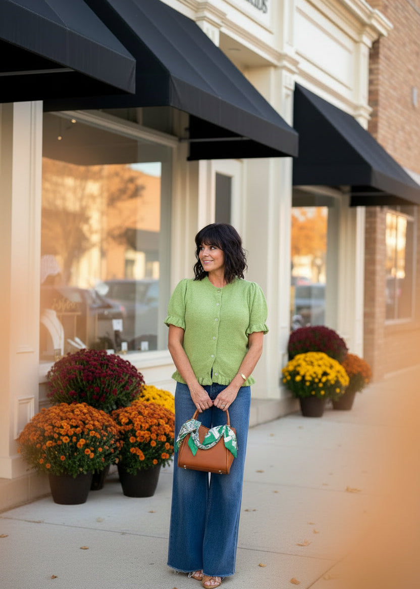 Avocado Ruffle Trim Short Sleeve Cardigan