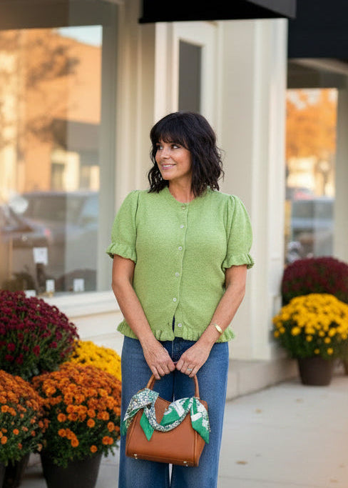 Avocado Ruffle Trim Short Sleeve Cardigan