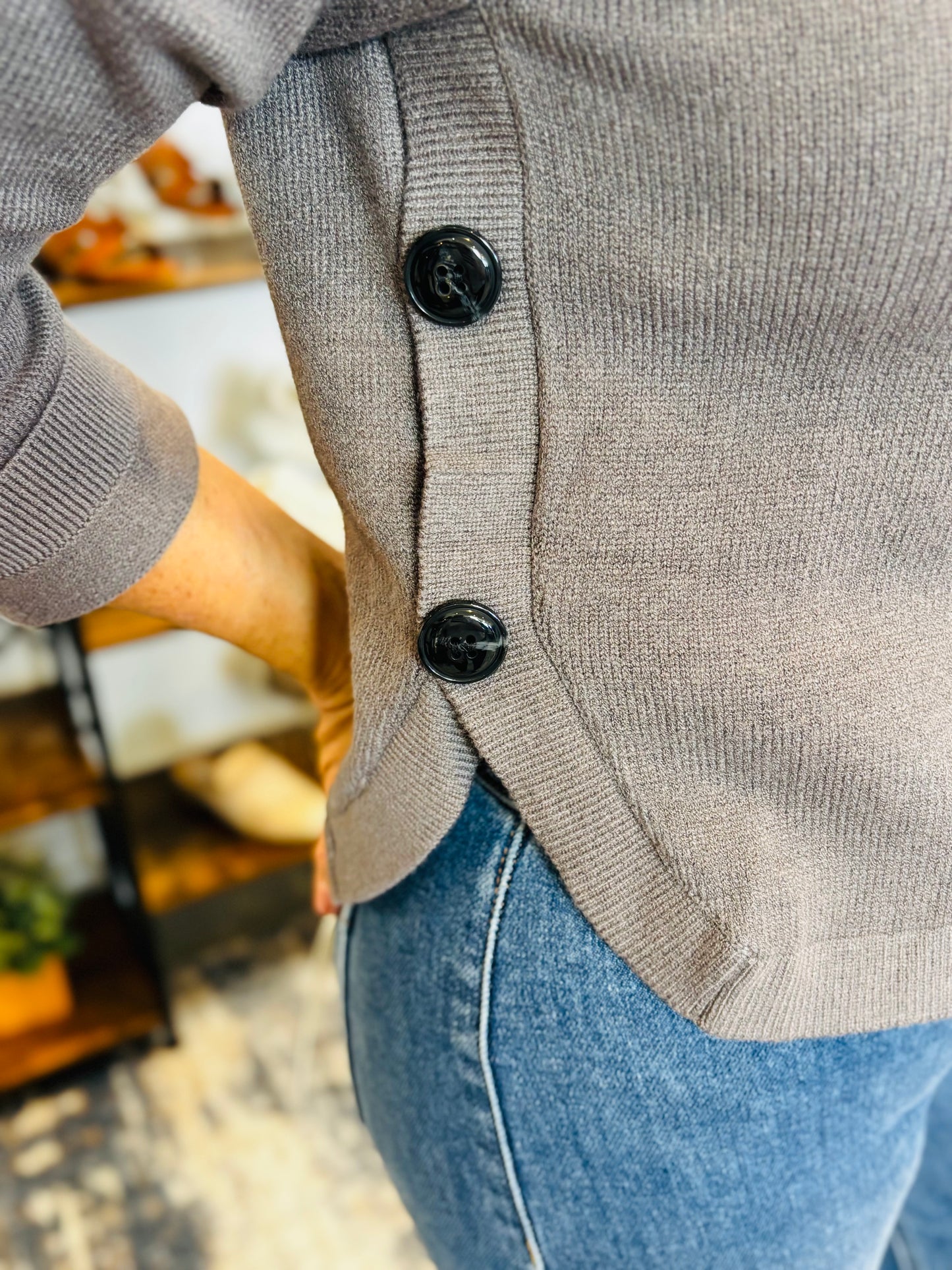 Charcoal Side Button-Up Detailed Crew Neck Sweater