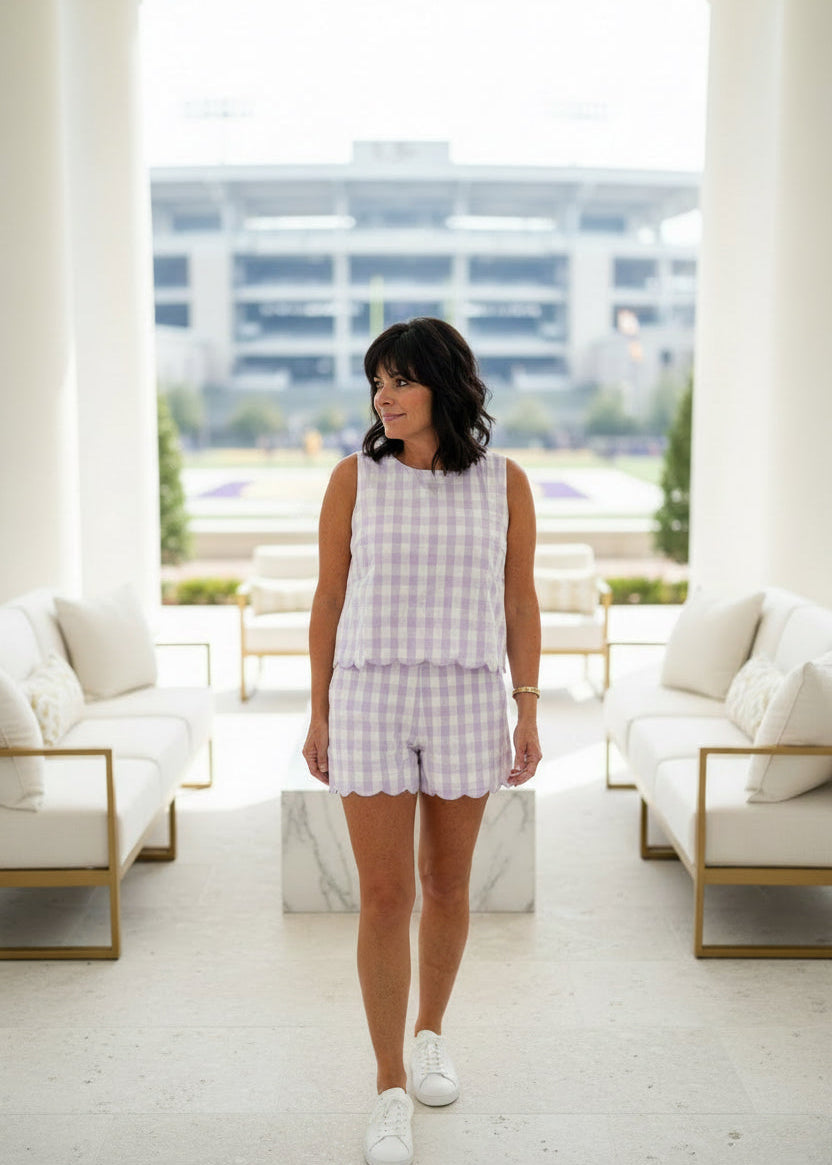 Lavender & White Gingham Scallop Short Set
