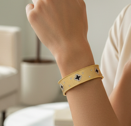 Matte Gold Cuff W/ Clover Accent