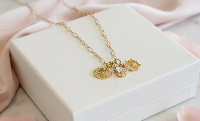 Gold Chain W/ Sun, Moon, and Rectangle Rinestone - Jolie Femme Boutique