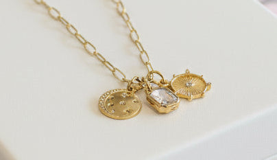 Gold Chain W/ Sun, Moon, and Rectangle Rinestone - Jolie Femme Boutique