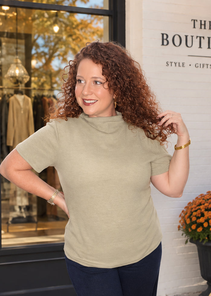 Beige Mock Neck Short Sleeve Top