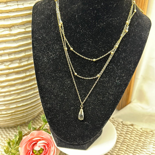 CLEAR CRYSTAL CHARM 3 LAYERED NECKLACE - Jolie Femme Boutique