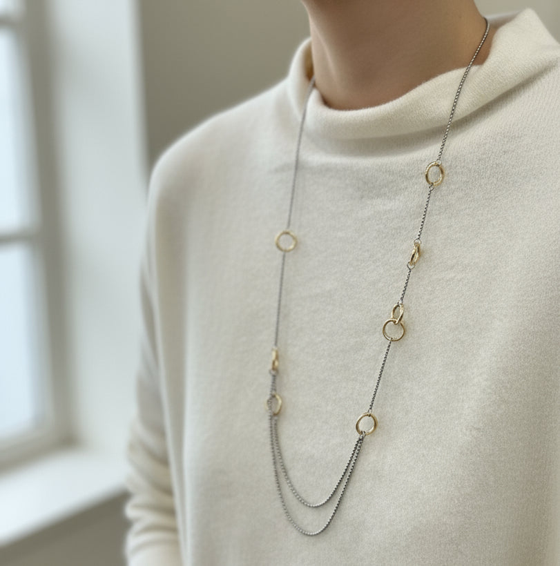 32" Silver Chain with Double Circle Accents Necklace