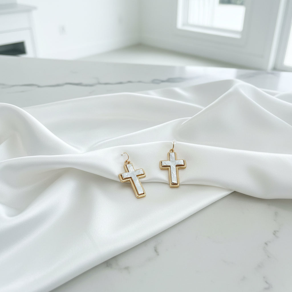 Two-Tone Textured Cross Drop Earrings