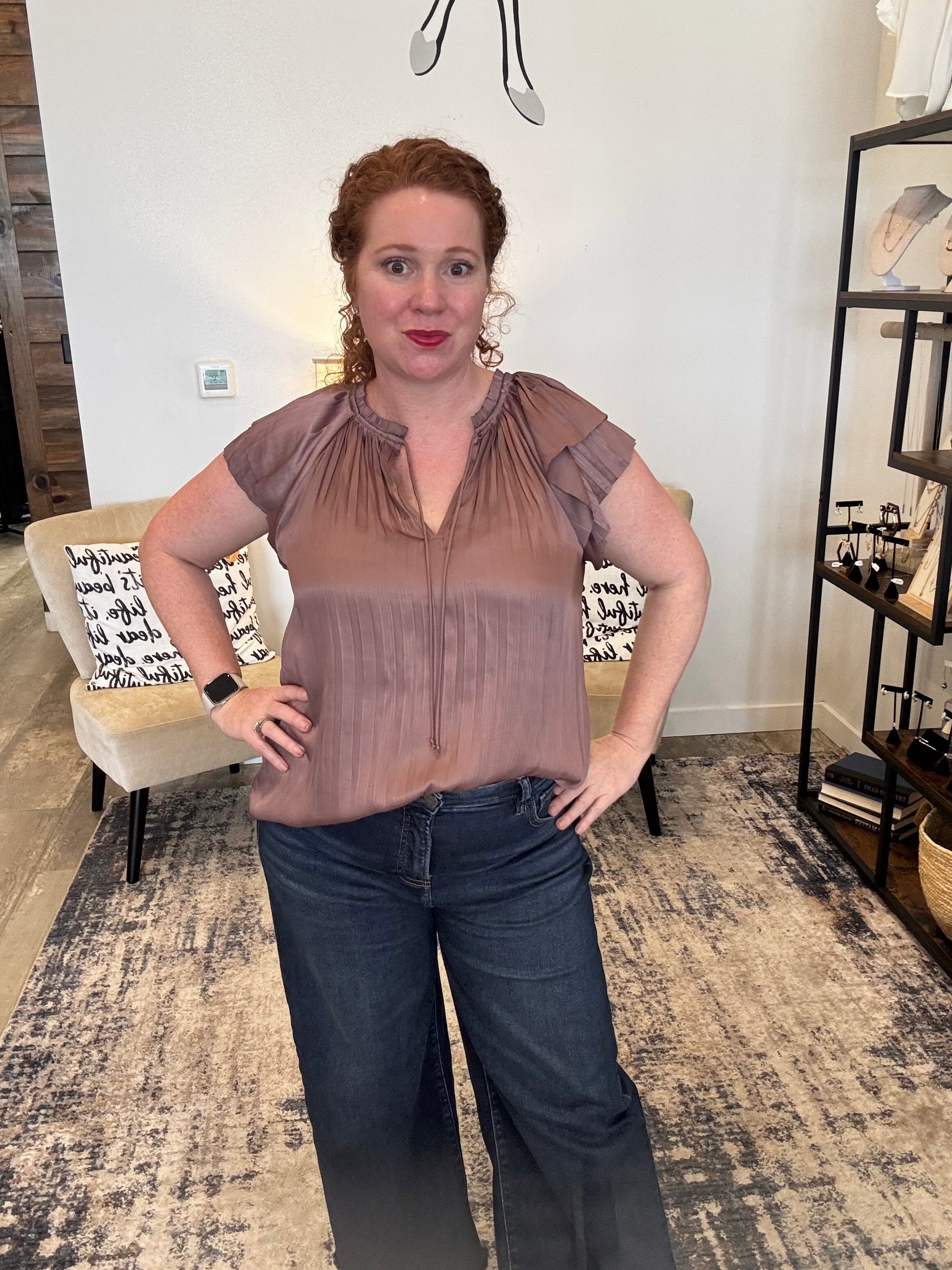 Mauve Flutter Sleeve Satin Blouse - Jolie Femme Boutique