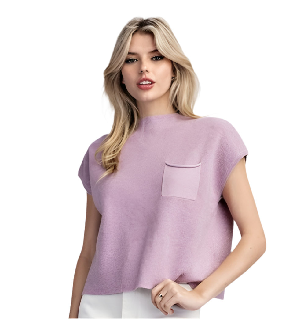 Short Sleeve Sweater Top W/Pocket