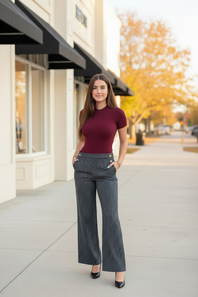 Navy Grid Print Wide Leg Pant