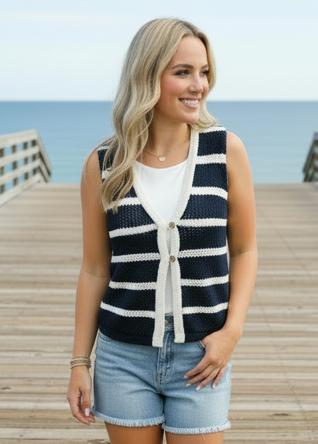 Stripe Button Front Vest Top- Navy - Jolie Femme Boutique