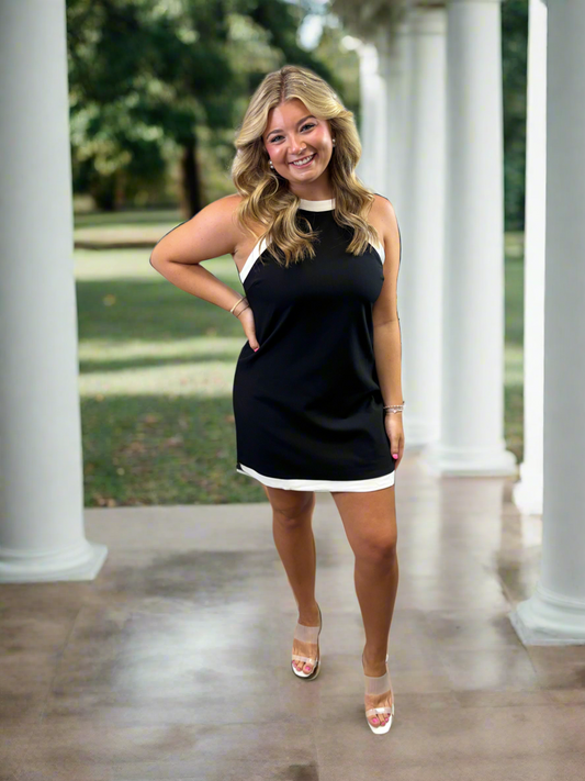 Black Sheath Mini Dress with White Contrast Halter Trim