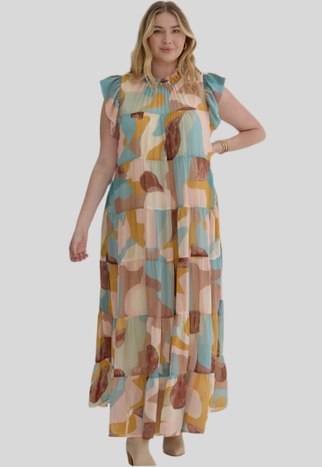 Plus Size Printed Tiered Sleeves Maxi Dress