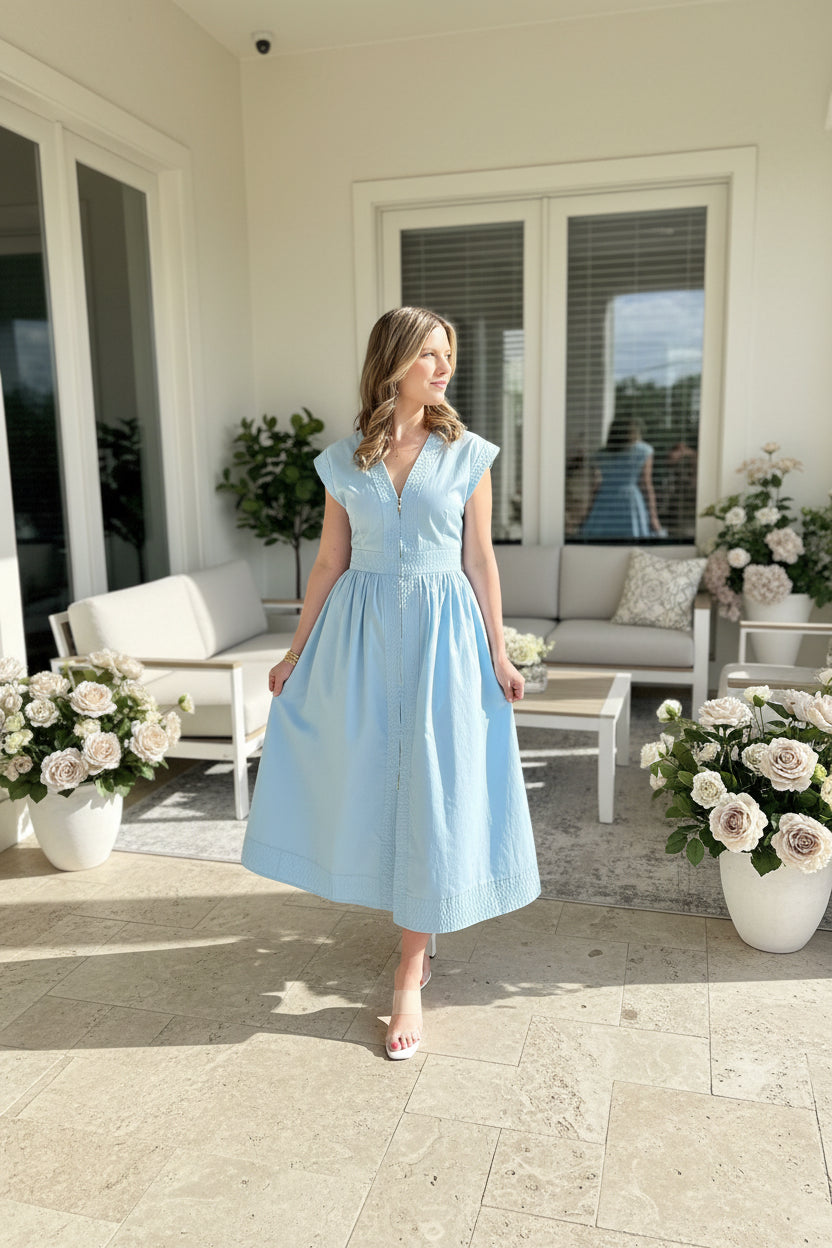 Blue A-Line Midi Dress - Jolie Femme Boutique