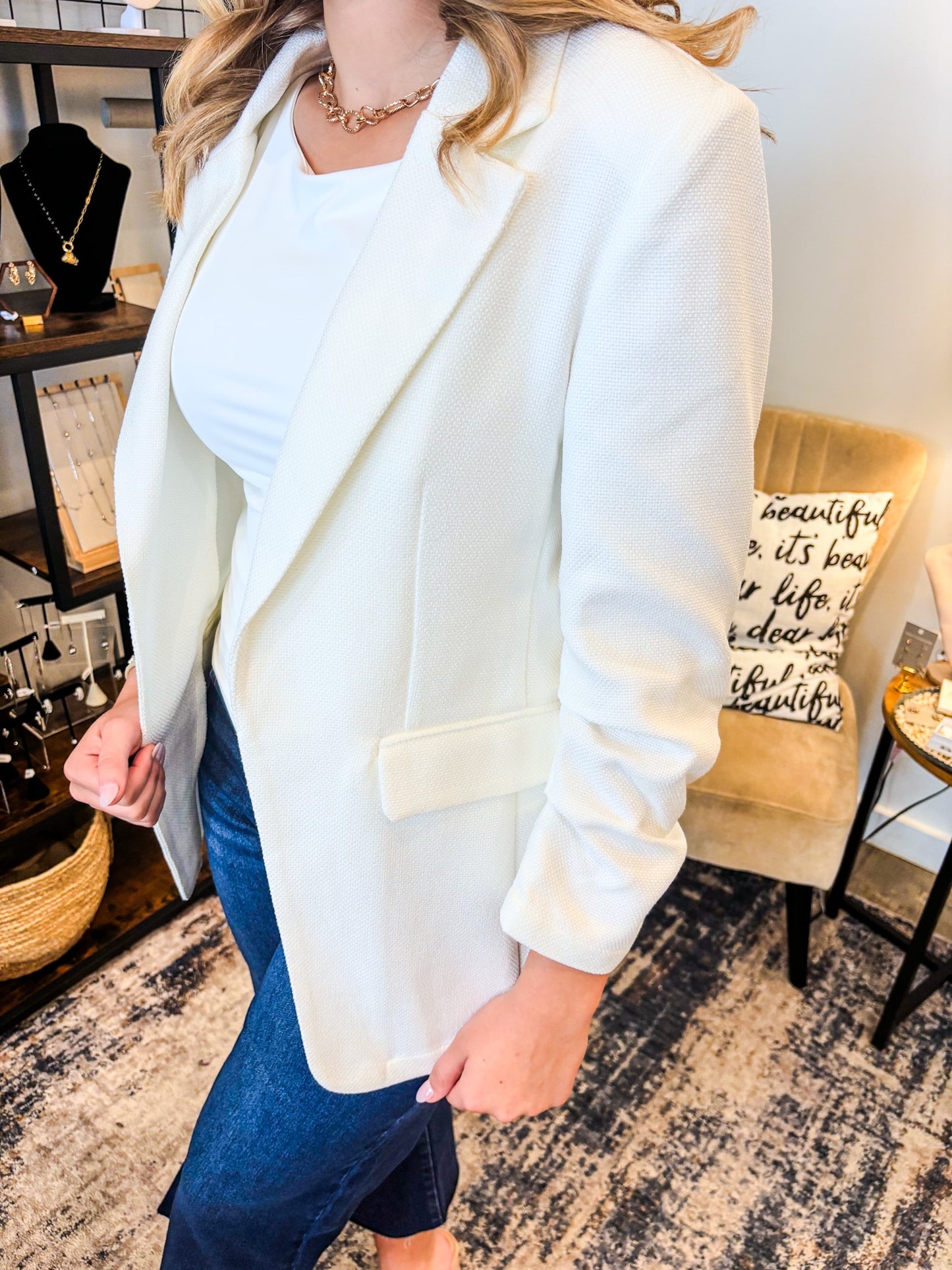 White Textured Open Front Blazer