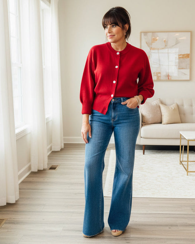 Red Jewel Button Down Cardigan - Jolie Femme Boutique