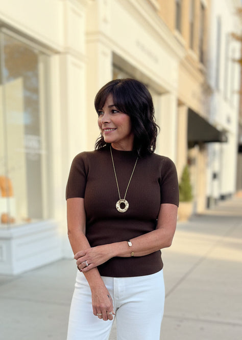 Brown Ribbed Mock Neck Top