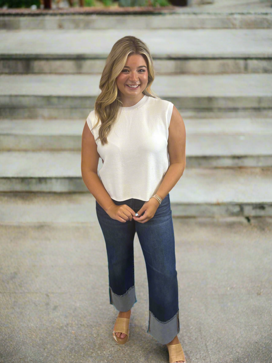 White Crew Neck Knit Top - Jolie Femme Boutique