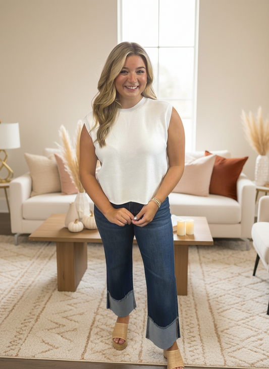 White Crew Neck Knit Top - Jolie Femme Boutique