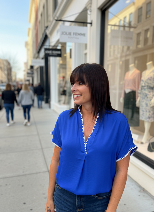 Capri Blue Whipstitch Top - Jolie Femme Boutique