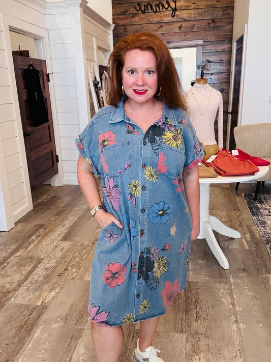 Plus Size Printed Denim Shirt Dress