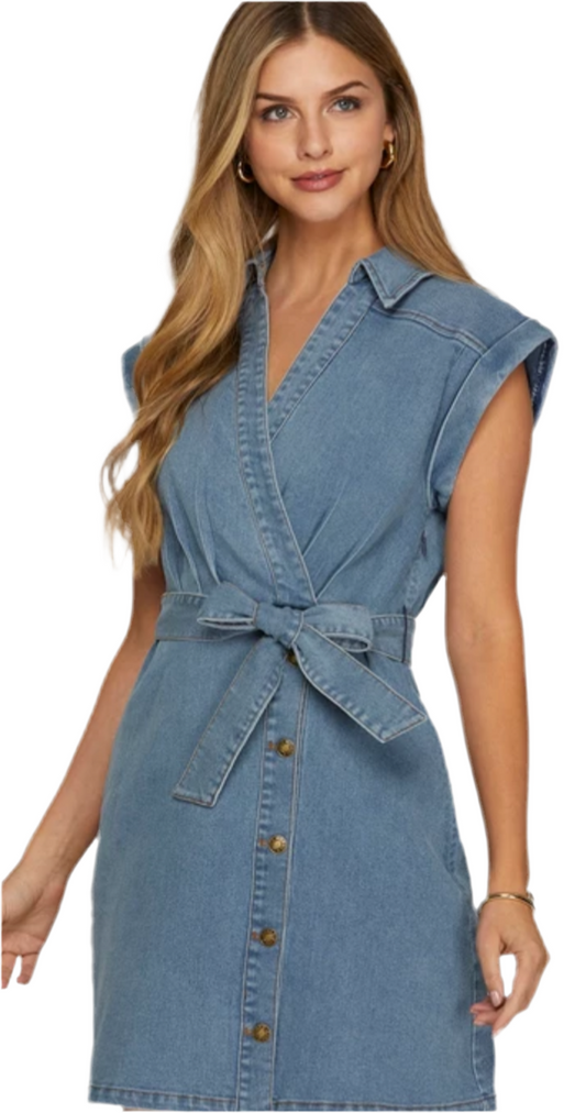 Surplice V Neck Denim Dress