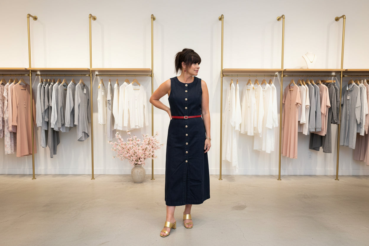 Button Down Sleeveless Denim Midi Dress - Jolie Femme Boutique