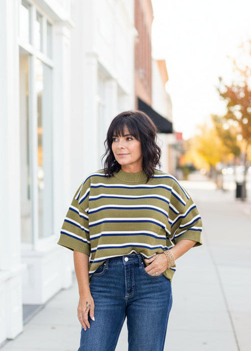 Olive Contrast Stripe Crew Neck Sweater