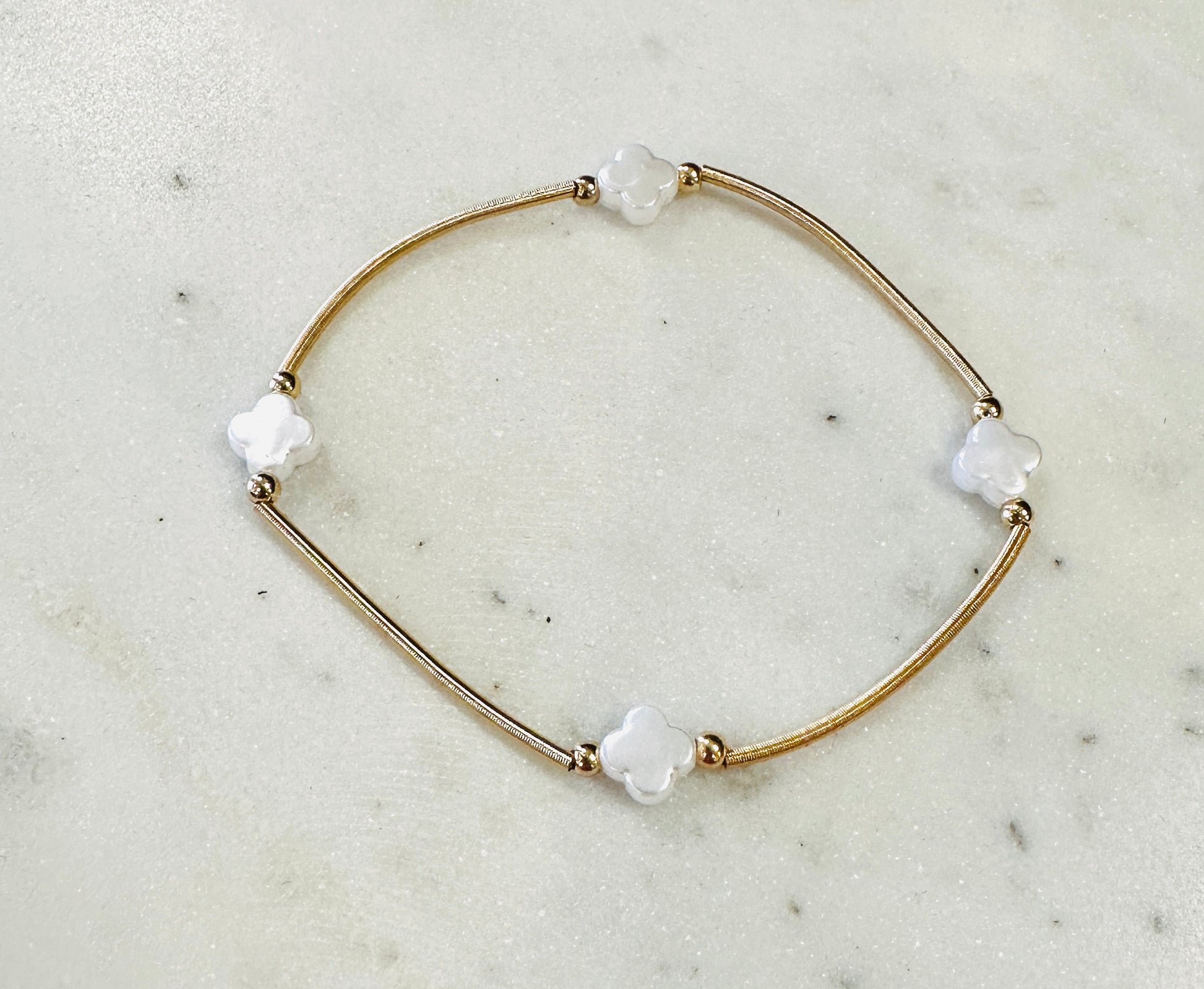 Gold Stretch Bracelet W/ Pearl Clover Accent - Jolie Femme Boutique