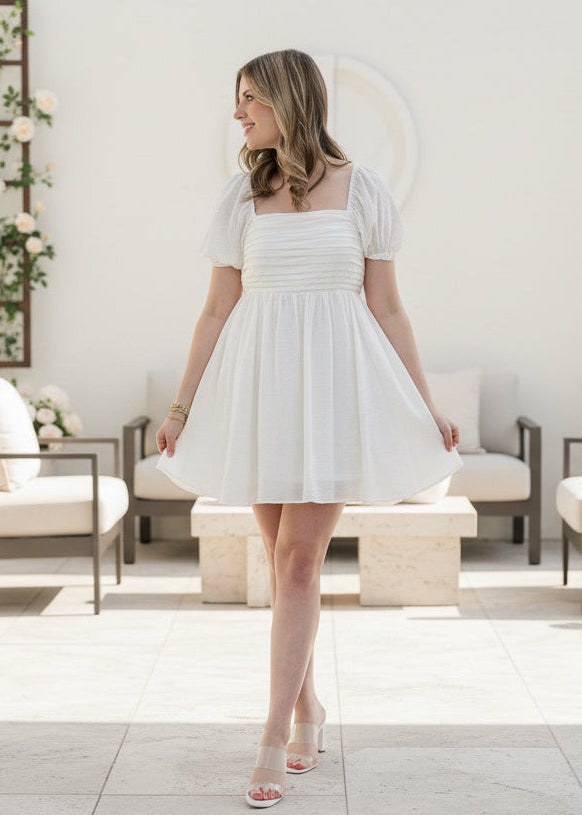 Off White Pleated Bodice Mini Dress - Jolie Femme Boutique