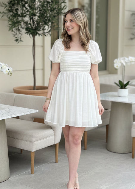 Off White Pleated Bodice Mini Dress - Jolie Femme Boutique