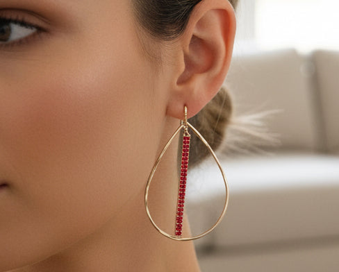 Open Teardrop W/ Red Rhinestone Bar Earring