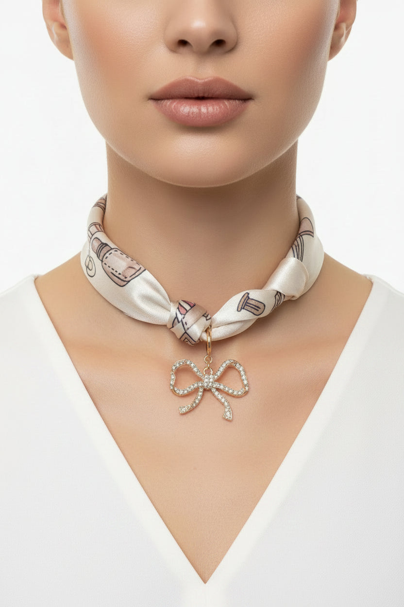 Knotted Scarf Necklace With Rhinestone Bow - Jolie Femme Boutique