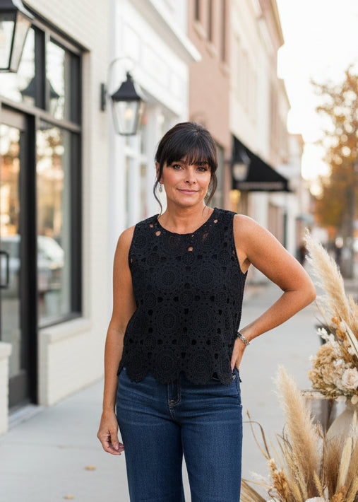 Black Floral Crochet Lace Top