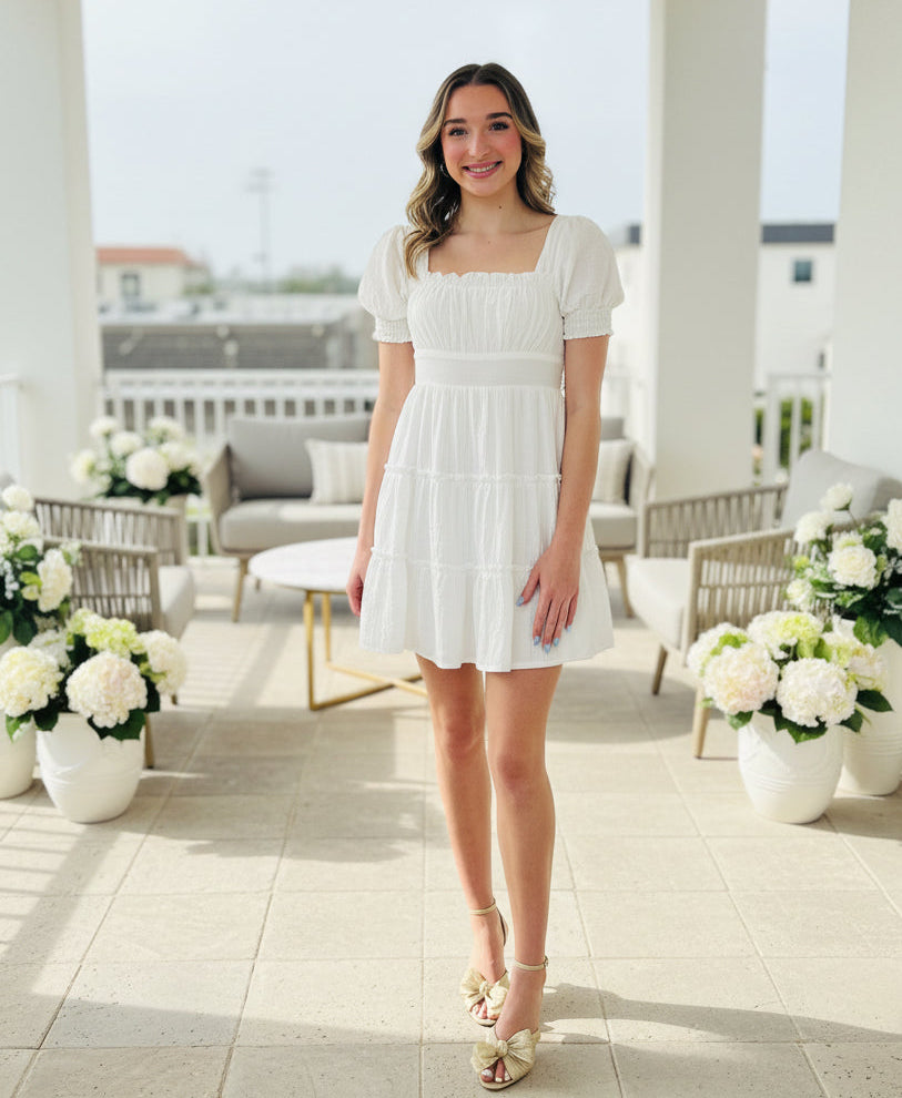 White Square Neck Ruffle Detail Tiered Mini Dress - Jolie Femme Boutique