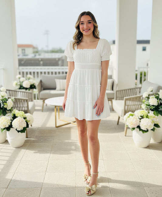 White Square Neck Ruffle Detail Tiered Mini Dress