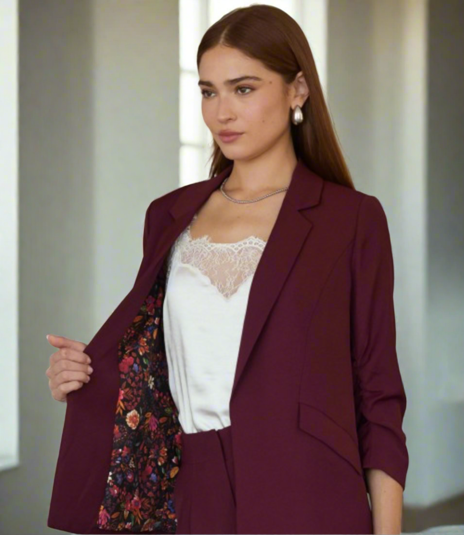 Burgundy Shirred Sleeve Blazer