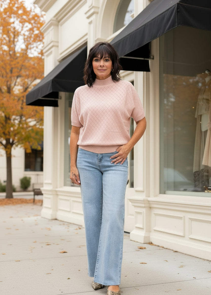 Mock Neck Pointelle Short Sleeve Top