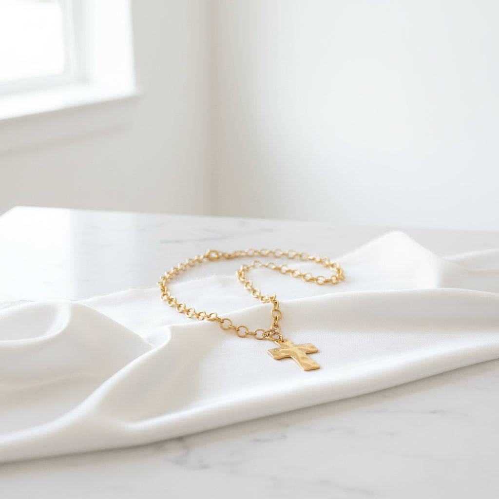 14K Gold Plated Hammered Cross Toggle Necklace