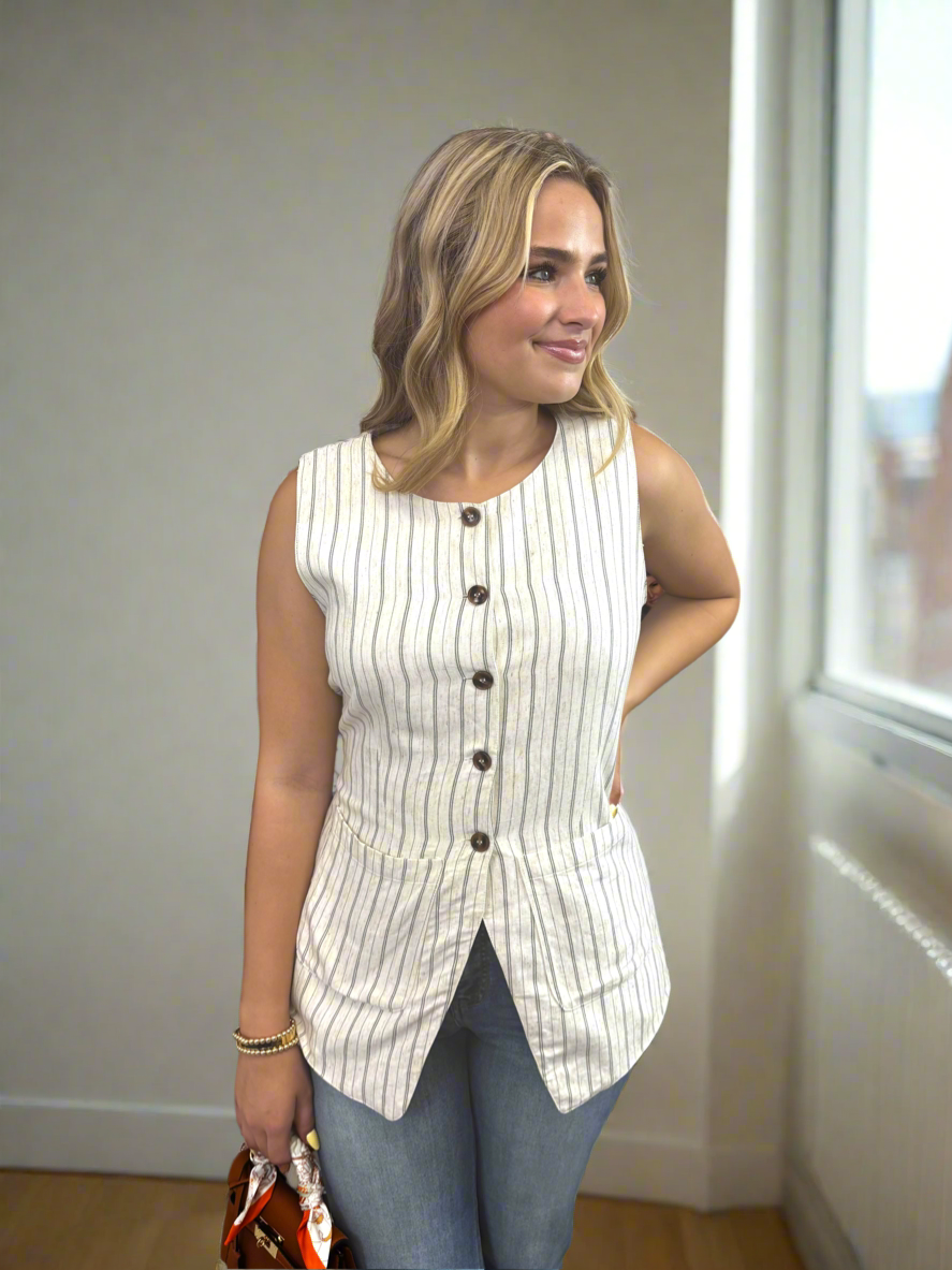 Ivory Tailored Striped Linen Vest - Jolie Femme Boutique