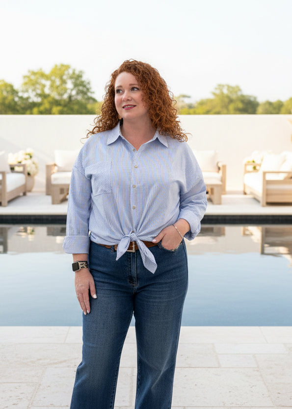 Blue Stripe Long Sleeve Button Up Top - Jolie Femme Boutique