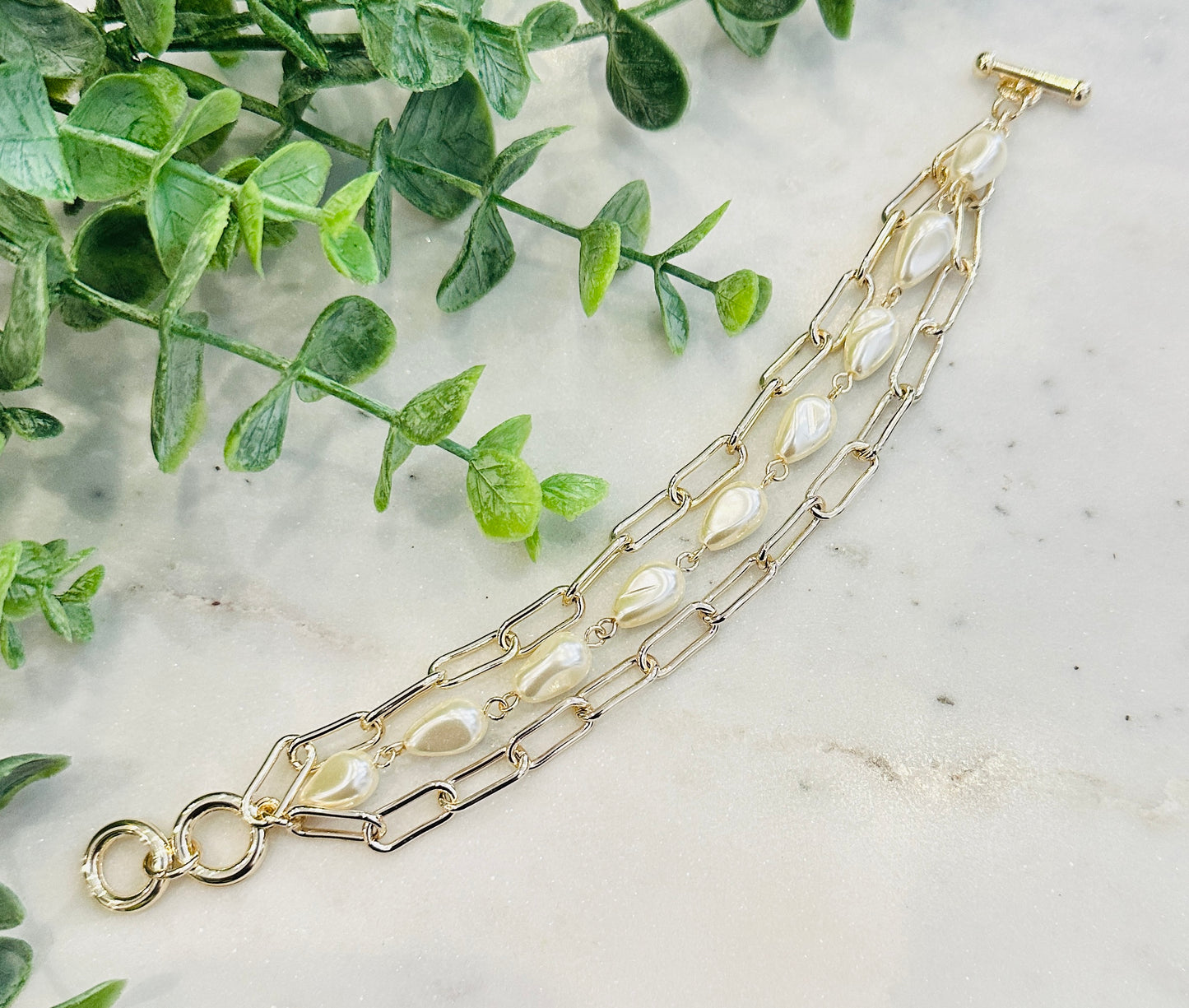 14K Gold Plated 3-Strand Paperclip & Pearl Bracelet